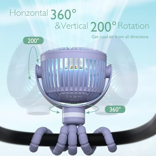 Momcozy 8000mAh Portable Stroller Fan, 27H Ultra-long Battery Life Detachable 4 Speed 360°Rotate LED Night Light with 2 Modes, USB Rechargeable Handheld Cooling Fan for Travel/Car Seat/Bedroom - color: Purple