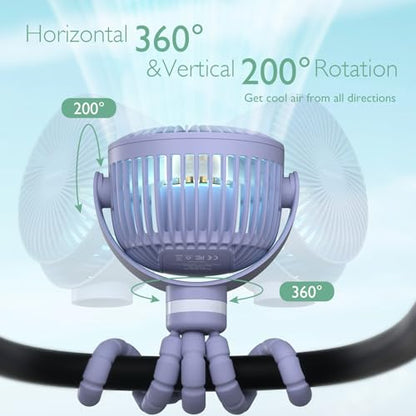 Momcozy 8000mAh Portable Stroller Fan, 27H Ultra-long Battery Life Detachable 4 Speed 360°Rotate LED Night Light with 2 Modes, USB Rechargeable Handheld Cooling Fan for Travel/Car Seat/Bedroom - color: Purple