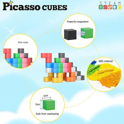 PicassoTiles Magnet Cube Building Blocks 1.2" 3CM Magnetic Cubes Toy Construction Building Educational Sensory Toys with Idea Booklet for School & Preschool Kids Boys Girls Toddlers PMC301 - color: Multicolor