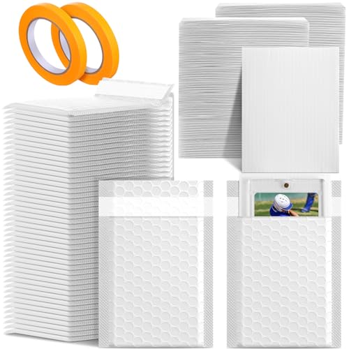Engrowtic 302 Pcs Trading Card Shipping Protector Set Include 200 Precut Plastic Inserts Card Mailers 100 Poly Bubble Mailers Padded Envelopes and 2 Masking Tape (White,4.5 x 3.5 Inch) - color: White, size: 4.5 x 3.5 Inch