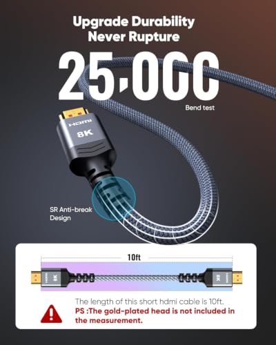 Highwings 8K@60 HDMI Cable 10FT/3M, 48Gbps 2.1 High Speed HDMI Braided Nylon 4K120 144Hz RTX 3090 eARC HDR10 4:4:4 HDCP 2.2&2.3 Compatible for PS5, PS4, UHD TV and PC - size: 10 feet