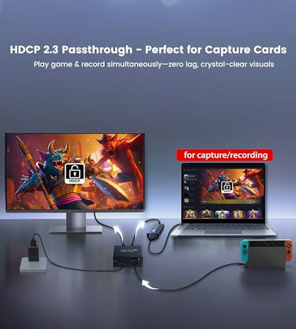 HDMI 2.1 Splitter 1 in 2 Out 8K@60Hz w/ 4ft 8K HDMI Cable, HDCP 2.3 4K@120Hz HDMI Audio Splitter for Soundbar, Support VRR, ALLM, HDR10+, Dolby Vision/Atmos 7.1ch, Down Scaler, 48Gbps for PS5