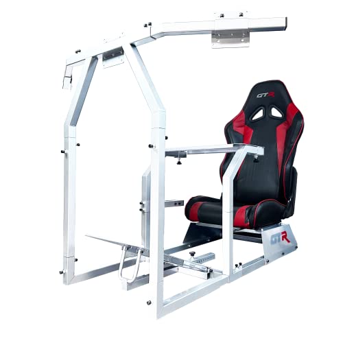 GTR Simulator GTA-F Racing Cockpit | Silver Frame with Triple/Single Monitor Stand | Adjustable Leatherette Seat | Stable & Adjustable | Compatible with All Steering Wheels & Pedals for PC & Console - color: White, Black Red