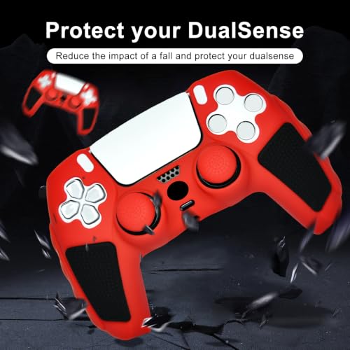 2 Pack Red Anti-Slip PS5 Controller Skin,Soft Thicken Studded Protective Silicone Cover Skin Grips Compatible with PS5/Slim/Pro Controller and 8 PCS Thumb Grips Caps. (2 Pack Red) - color: 2 Pack Red
