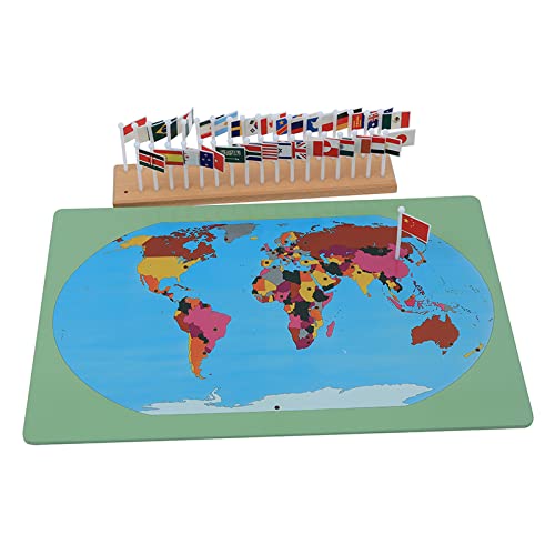 Flags of the World-Montessori Materials Geography Educational Tools Preschool Early at-Home Learning Toys | 36 flags + wooden map. Back includes country names for reference. Builds geography awareness & fine motor.