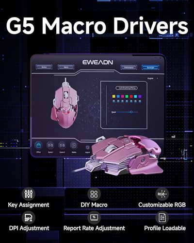 EWEADN G5 Wired Gaming Mouse with Adjustable Tail, 12800 DPI Programmable Computer Mouse with RGB Backlit, 9 Macro Buttons, Rapid Fire Key & Aluminum Base Ergonomic PC Mice for Laptop, PC-Pink - color: Pink
