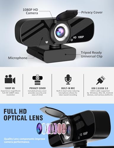 Tewiky Full HD Webcam with Built-in Microphone and Rotatable Tripod, 1080P Video and Wide Angle Camera, Privacy Cover, for Desktop PC or Laptop Computer - style: 1080P Webcam with USB Cable