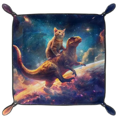 Funny Cat Riding Dinosaur Galaxy Outer Space Dice Tray Dice Rolling Tray Folding Dice Holder for Dice Games, Like RPG, DND and Other Table Games - color: Multi 2