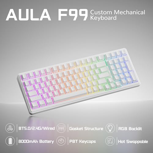 Aula F99 Wireless Mechanical Keyboard, BT5.0/2.4GHz/USB-C, Gasket Mounted Creamy Linear Switches Pre-lubed, Side Printed PBT Keycaps, RGB Backlit Hot Swappable Gaming Keyboard for Win/Mac - color: White