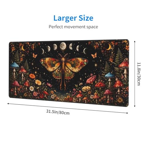 Moth Moon Gaming Mouse Pad Extended Large Mouse Mat 31.5 X 11.8 Inch Nonslip Rubber Base Long Desk Pad Stitched Edges Mousepad Mice Pad for Office Home Game - color: Moth Moon