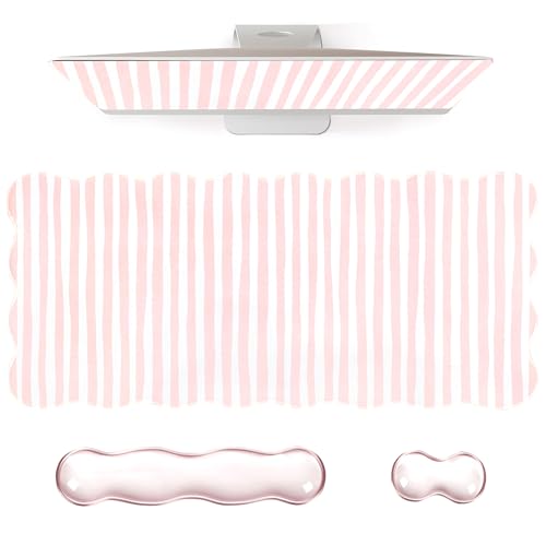 L-SPOUTTO Pink Striped Mouse Pad Set,Scalloped XXL Desk Mat + Ergonomic Mouse Wrist Rest + Gel Keyboard Wrist Rest for Keyboard 65%/75%,3in1 Large Desk Pad for Desktop Home Office Computer Game - color: Pink Striped