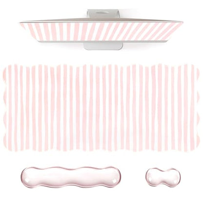 L-SPOUTTO Pink Striped Mouse Pad Set,Scalloped XXL Desk Mat + Ergonomic Mouse Wrist Rest + Gel Keyboard Wrist Rest for Keyboard 65%/75%,3in1 Large Desk Pad for Desktop Home Office Computer Game - color: Pink Striped