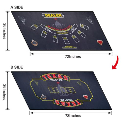 2-in-1 Casino Night Poker Mat, 36"x72" Double-Sided Texas Hold'em & Blackjack Felt Table Cover, Non-Slip Steel Clamps Included, Perfect for Game Night, Home & Casino Parties - color: Grey