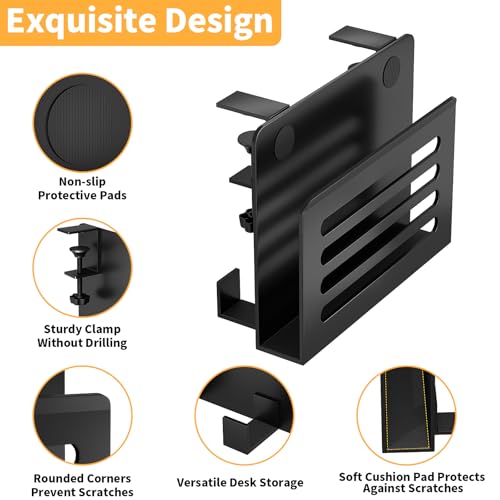 Space Saving Desk Side Storage No Drilling Under Desk Laptop Holder with Headphone Holder Cable Management Tray Carbon Steel Clamp Desk Storage Shelf Anti-Slip Magazine Holder for Home Office