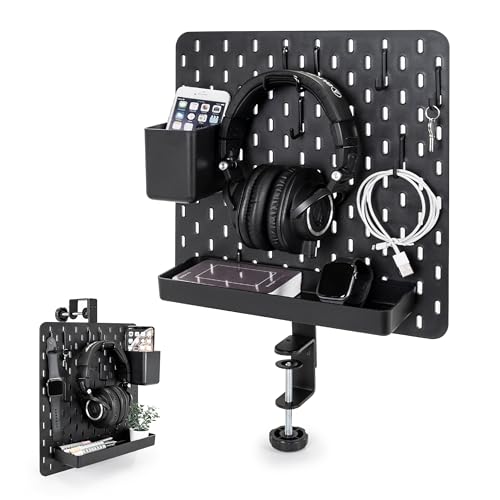 EHO Clamp-On Desk Pegboard, 13.5 x 14 inch Privacy Divider, Desk Partition Panel, No-Drill Desk Mounted Organizer, Combination Peg Board for Office, Gaming, Home, Plants, Black