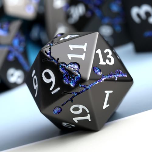 Glitter Blue D&D Metal Dice, DNDND 7 PCS Flower Metallic DND Dice Set with Gorgeous Gift Case for Dungeons and Dragon Tabletop Game (Matte Black with Glitter Blue Flower) - color: Flower Glitter Blue