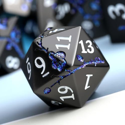 Glitter Blue D&D Metal Dice, DNDND 7 PCS Flower Metallic DND Dice Set with Gorgeous Gift Case for Dungeons and Dragon Tabletop Game (Matte Black with Glitter Blue Flower) - color: Flower Glitter Blue