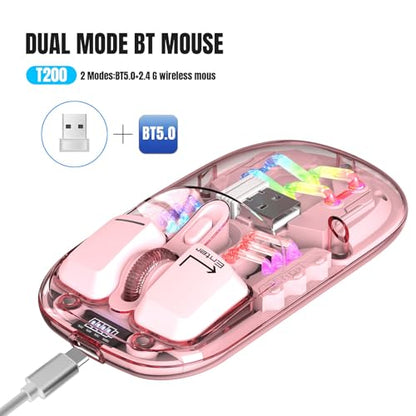 Wireless Bluetooth Mouse, Transparent BT + 2.4G Dual-Mode Mechanical Mouse with Magnetic Top Cover, Rechargeable RGB Backlit Gaming Mouse for Gaming/Esports/Desktop/Laptops/Tablets (Pink) - color: Pink