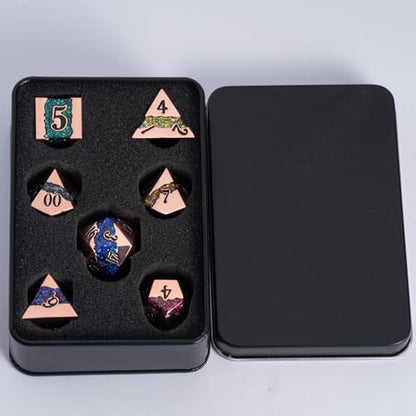 Metal Polyhedral Dice Set, 7PCS RPG Dice with Galaxy Glitter Resin Inlay for Dungeons and Dragons, Pathfinder Tabletop Role Playing Games - color: Seven Colors of Red Copper