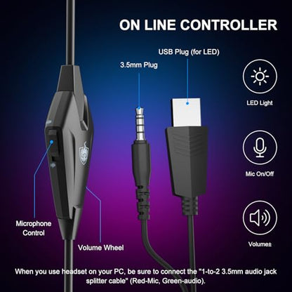 PHOINIKAS PS4 Gaming Headset for PC, Switch, PS5 Headset with 7.1 Stereo Sound, Gaming Headphones with Noise Cancelling Mic, LED Light, Over Ear Headset for Laptop, Mobile (Violet)