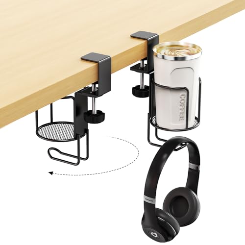 CABTE 2 in 1 Desk Cup Holder with Headphone Hanger Holder | Anti-Spill Clip-On Table Cup Hook with 360° Rotation for Lawn Chair, Office Home Gaming Table (1 PACK) - color: 1 PACK