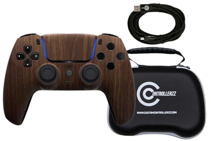 Custom Controllerzz Wood Controller Bundle – Includes Wood Custom Wireless Controller for PS5, PC & Braided USB-C Cable & Universal Protective Case