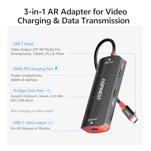 AR Glasses Adapter for Steam Deck/Switch 2/ROG Ally X, 4K@60Hz/2K@120Hz, 100W PD Charging, 10Gbps Data, No Dock Needed, for XREAL/Rokid, iPhone 17/16/15 Pro/iPad/Laptop, - color: Black & Orange