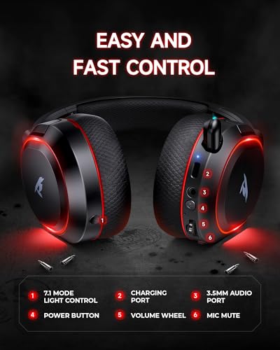 Picun G2 Wireless Gaming Headset, Over-Ear 7.1 Virtual Surround Sound, 2.4GHz/Bluetooth 5.4/Wired, 5ms Ultra-Low Latency, 100H Battery, ENC Noise-Canceling Mic, RGB, for PC PS5 PS4 Switch (BlackRed) - color: Black-Red