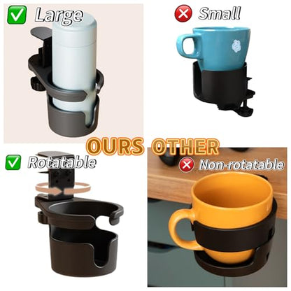 No Drill Desk Cup Holder Clamp, 360° Rotating Anti-Spill Table Cup Holder, Adjustable Clip on Cup Holder for Gaming Desk, Gamer Gift, Drink Holder for Coffee Cup, Office Accessories