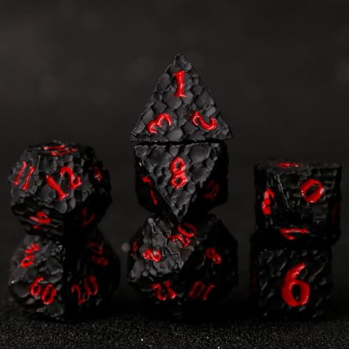 Asteroid Metal DND Dice Set, 7-Piece Polyhedral Dice | Solid zinc alloy dice with meteor texture, heavy feel, easy-read numbers, and storage box for tabletop gaming - color: Black and Red