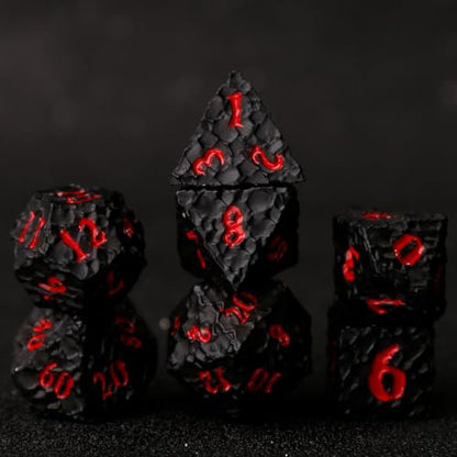 Asteroid Metal DND Dice Set, 7-Piece Polyhedral Dice | Solid zinc alloy dice with meteor texture, heavy feel, easy-read numbers, and storage box for tabletop gaming - color: Black and Red