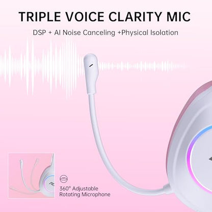 AOC Wireless Gaming Headset Compatible with ps5/4, PC, USB-C & Bluetooth 5.4 & 2.4GHz Gaming Headphones with Noise Canceling Mic, 7.1 Virtual Surround,20ms Latency, 45H, RGB- Pink - color: Pink