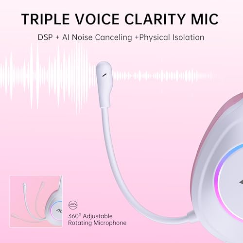 AOC Wireless Gaming Headset Compatible with PS5/4, Switch, PC- Pink | USB-C & Bluetooth 5.4 & 2.4GHz Gaming Headphones with Noise Canceling Mic, 7.1 Virtual Surround, 20ms Latency, 45H, RGB - color: Pink