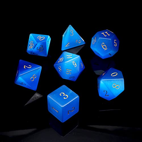 Haxtec Cat Eye Stone Dice Set Blue Gemstone Polyhedral Dice W/Wood Dice Case Compatible with Dungeons and Dragons D&D Gift Tabletop RPG Role Playing Games - color: Blue Gold