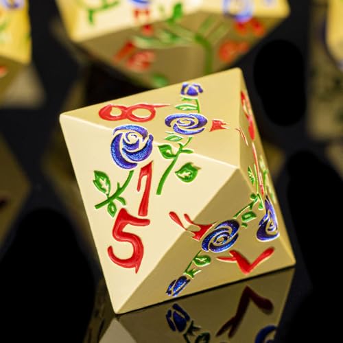Gothic DND Dice Set Bleeding Rose Metal D and D Dice for use with Dungeons Dragons D&D Role Playing Game, Blue Purple RPG Polyhedral Dice Set D20 D12 D10 D8 D6 D4 - color: Purplish Blue&gold&red Numbers