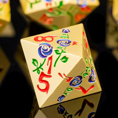 Gothic DND Dice Set Bleeding Rose Metal D and D Dice for use with Dungeons Dragons D&D Role Playing Game, Blue Purple RPG Polyhedral Dice Set D20 D12 D10 D8 D6 D4 - color: Purplish Blue&gold&red Numbers