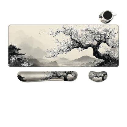 Desk Mat, Large Gaming Mouse Pad with Wrist Rest, 4 in1 XXL Mouse pad+Keyboard Wrist Rest+Mouse Pad Wrist Support+Cup Coaster Set, Ergonomic Desk Pad for Home Office, Japanese Cherry - color: Japanese Cherry Blossoms