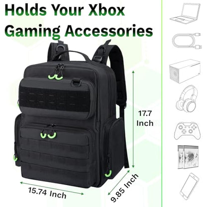 Wigojoy Travel Carrying Case Compatible with Xbox Series X/S | Multiple Pockets of Storage Space Tactical Portable Backpack, Accommodates 15.6'' Laptop and Other Xbox Accessories, Green
