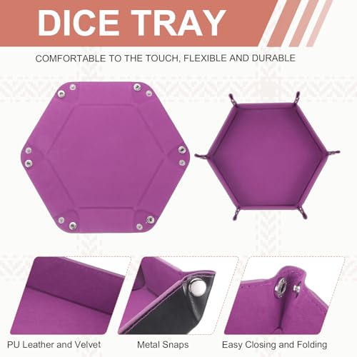 Dice Tray 10" PU Leather Velvet Folding Hexagon Dice Rolling Tray Holder Storage Box Perfect for RPG DND Table Games & Entryway & Nightstand Organizer (Pink Purple, 1pcs) - color: Pink Purple
