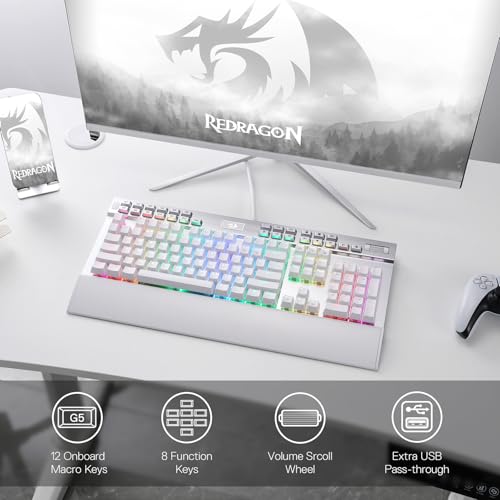 Redragon K550 RGB Gaming Keyboard, 104 Keys + 12 Macro G Keys Wired Mechanical Keyboard w/Aluminum Top Plate, Custom Clicky Purple Switch, Extra USB Port & Wrist Rest - color: White