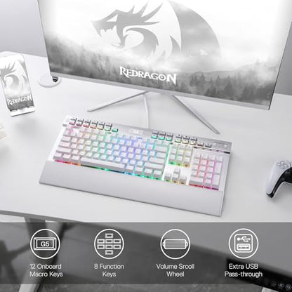 Redragon K550 RGB Gaming Keyboard, 104 Keys + 12 Macro G Keys Wired Mechanical Keyboard w/Aluminum Top Plate, Custom Clicky Purple Switch, Extra USB Port & Wrist Rest - color: White