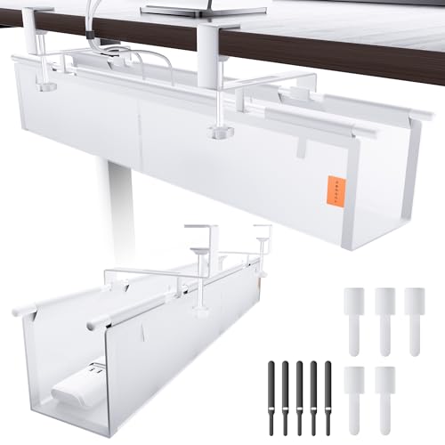27" No Drill Under Desk Cable Management Tray (White) | Fire-Resistant Thickened Nylon Material, Clip-on Cord Organizer to Hide Power Strip, Heat Dissipation Mesh Design, for Office - color: White, size: 27inch