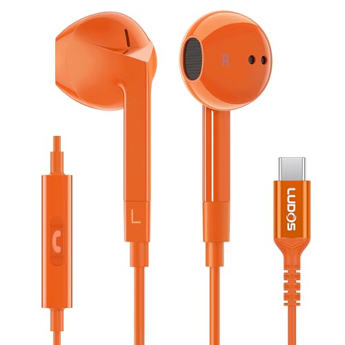 LUDOS FEROX USB C Headphones for iPhone 17 16 15 Pro Max Plus Air iPad Pro, 5 Years Warranty, USB-C Earbuds for Samsung Galaxy S24 S23 Ultra S22 S21 FE S20 Z Flip 3 Fold 4 A53, USB Type C Earphones - color: Orange, style: USB-C