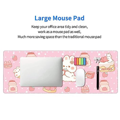 Kawaii Rabbit Strawberry Gaming Mouse Pad Extended Large Mouse Mat 31.5 X 11.8 Inch Nonslip Rubber Base Long Desk Pad Stitched Edges Mousepad Mice Pad for Office Home Game - color: Kawaii Rabbit Strawberry