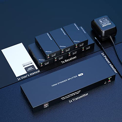 HDMI Extender Splitter 1x7 1080P@60Hz Over Cat 5E/6/7 Ethernet Cable 165ft | Support EDID Copy POC Function (1 in 7 out), for Church, Classroom, Business Activity, Multi Video Displays - size: 1x7 1080P 165ft