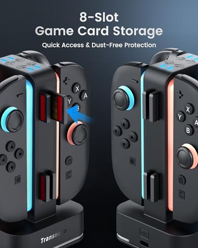 TRANSNOVO Charging Dock for Nintendo Switch 2 JoyCon, 4-Slot Dual-Side Magnetic Joy-Cons Charger, Patented 8-Slot Game Card Storage, 9-RGB Mode, Circuit Protection, Multiplayer Switch 2 Accessories - size: Square
