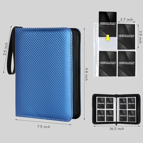 GERMUN 4 Pocket Card Binder, Premium Zip Trading Card Binder, 400 Double Sided Pocket PU Card Collection Binder, Collector Card Album, Card Folder for MTG, TCG, Sports Cards, Game Cards (Blue) - color: 4 Pocket 400 Carbon Blue