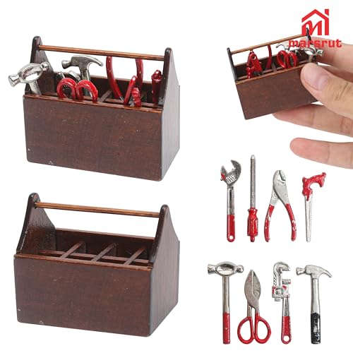 Miniature Tool Box Dollhouse 1/12 Scale Kit Set, 8Pcs Metal Working Tools with Mini Wood Toolbox, Doll Garage Accessories, Tiny Model for House Building, Garden Outdoor Repair, Rustic Farm Crafts