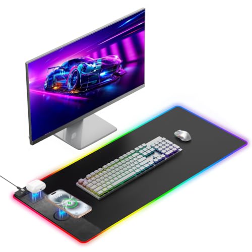 Mouse Pad with Magnetic Wireless Charging, Large Desk Pad Protector, RGB Black Desk Mat with 15W Fast Charger, Non-Slip Waterproof Mousepad for Office Home Gaming - color: Black-31.5"x15.8"