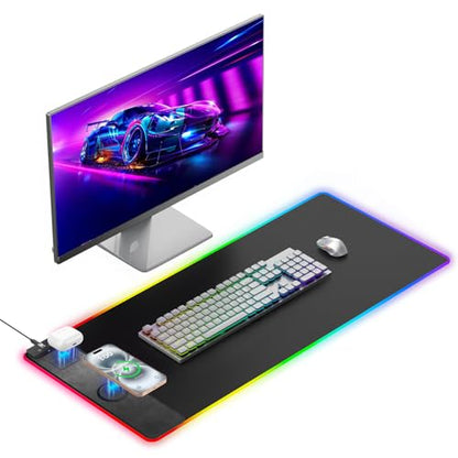 Mouse Pad with Magnetic Wireless Charging, Large Desk Pad Protector, RGB Black Desk Mat with 15W Fast Charger, Non-Slip Waterproof Mousepad for Office Home Gaming - color: Black-31.5"x15.8"